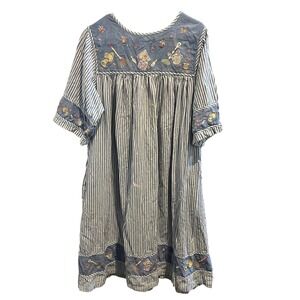 Vintage Striped Embroidered Garden Theme Midi Dress Cottagecorecorecorecore